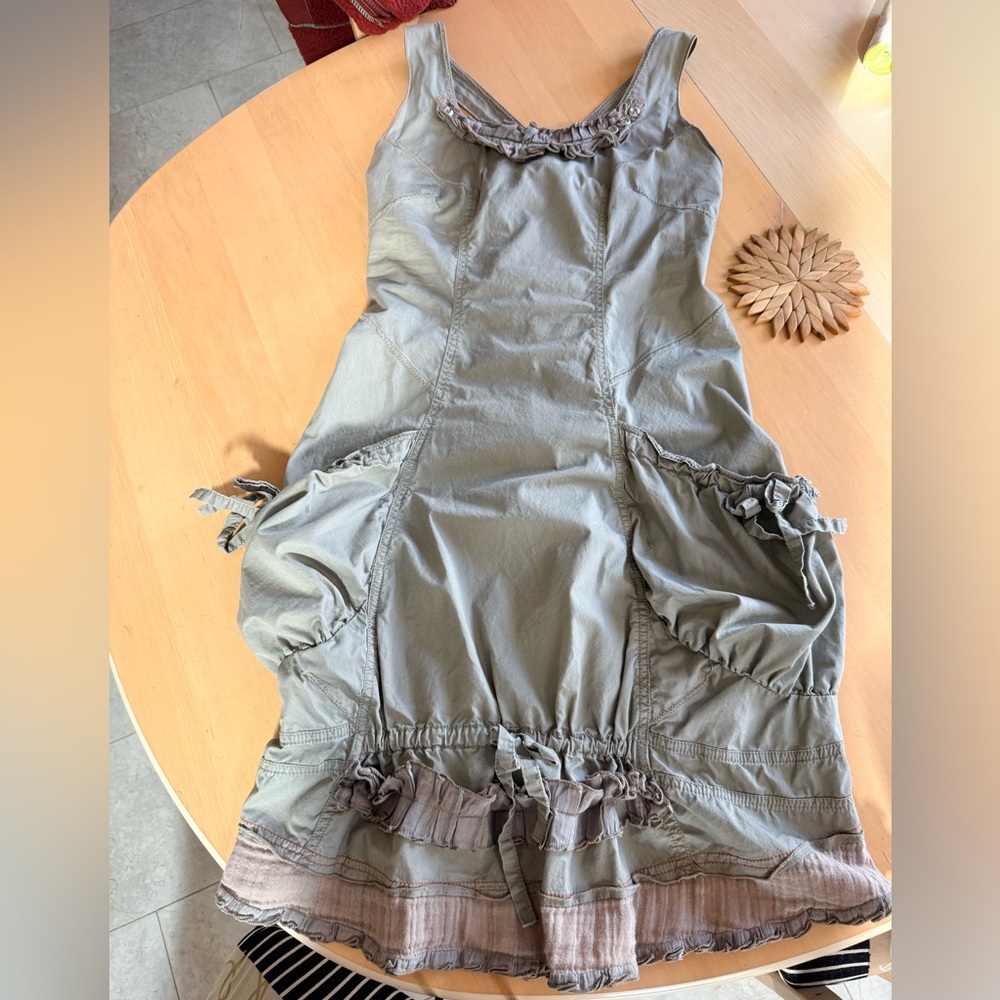 BX Lagenlook Canvas Sage Green Ruffled Tank Dress